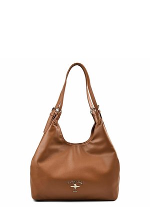 Sac à main en cuir marron texturé avec double bandoulière et logo métallique U.S. Polo Assn. au centre avant.