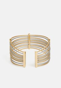 Gold and silver-tone wire bracelet featuring multiple twisted strands and solid gold accents. Open cuff design with textured metal finish.