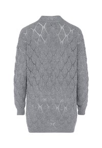 Cardigan tricotat de culoare gri deschis, cu un model decorativ de forme în picătură, mâneci lungi și o finisare moale, texturată. Design cu spate deschis.