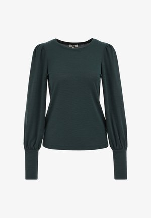 Tamsiai žalia ilgomis rankovėmis palaidinė, pagaminta iš minkštos medžiagos, su apvaliu iškirpimu ir surinktomis pūstuvių rankovėmis, turinčiomis priglundančius rankogalius.