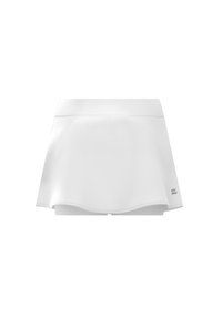 Falda blanca en línea A, hecha de una tela texturizada, con una cinturilla ancha y un sutil detalle de marca en la parte inferior derecha.