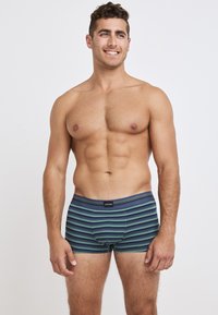 Striped boxer shorts made from soft, stretch fabric. Features horizontal stripes in blue and green, contrast waistband, and a snug fit.