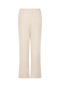 Beige, elastische broeken met een rechte pasvorm. Gemaakt van een gladde, lichte stof zonder zichtbare patronen of accenten.
