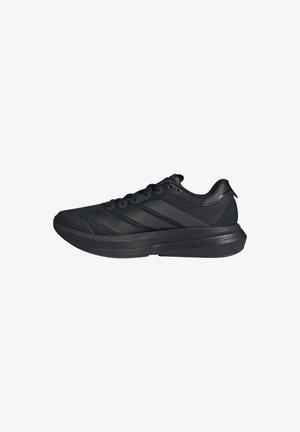 Black athletic shoes with a textured fabric upper, featuring three horizontal stripes and a cushioned sole for support and comfort.