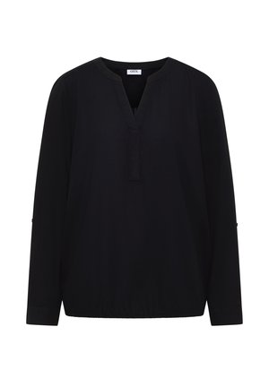 Zwarte blouse met lange mouwen, voorzien van een V-hals, elastische onderzoom en knopen op de mouwen. Gemaakt van lichte stof met een gladde textuur.