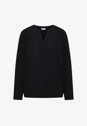 Zwarte blouse met lange mouwen, voorzien van een V-hals, elastische onderzoom en knopen op de mouwen. Gemaakt van lichte stof met een gladde textuur.
