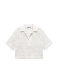 Witte cropped shirt met een met kraag, voorzien van een gestructureerd ruitpatroon. Korte mouwen en een lichtgewicht, ademende stof.