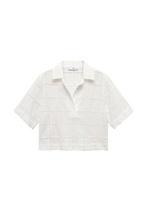 Witte cropped shirt met een met kraag, voorzien van een gestructureerd ruitpatroon. Korte mouwen en een lichtgewicht, ademende stof.