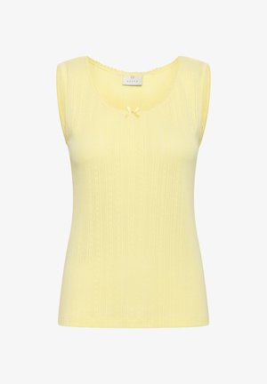 Ujjatlan sárga felső, bordázott textúrával, fodros nyakkivágással, középen kisebb masni díszítéssel, könnyű anyagból készült.