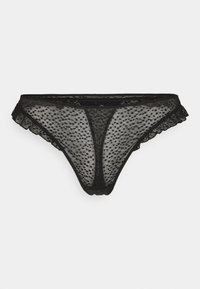 Schwarzer Spitzen-Tanga mit einem gepunkteten Muster, der eine gewellte Kante und eine durchsichtige Textur aufweist. Minimalistisches Design für leichten Komfort.
