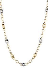 Chain necklace featuring alternating gold and silver circular links, varying in size, with a smooth metallic finish and a classic design.