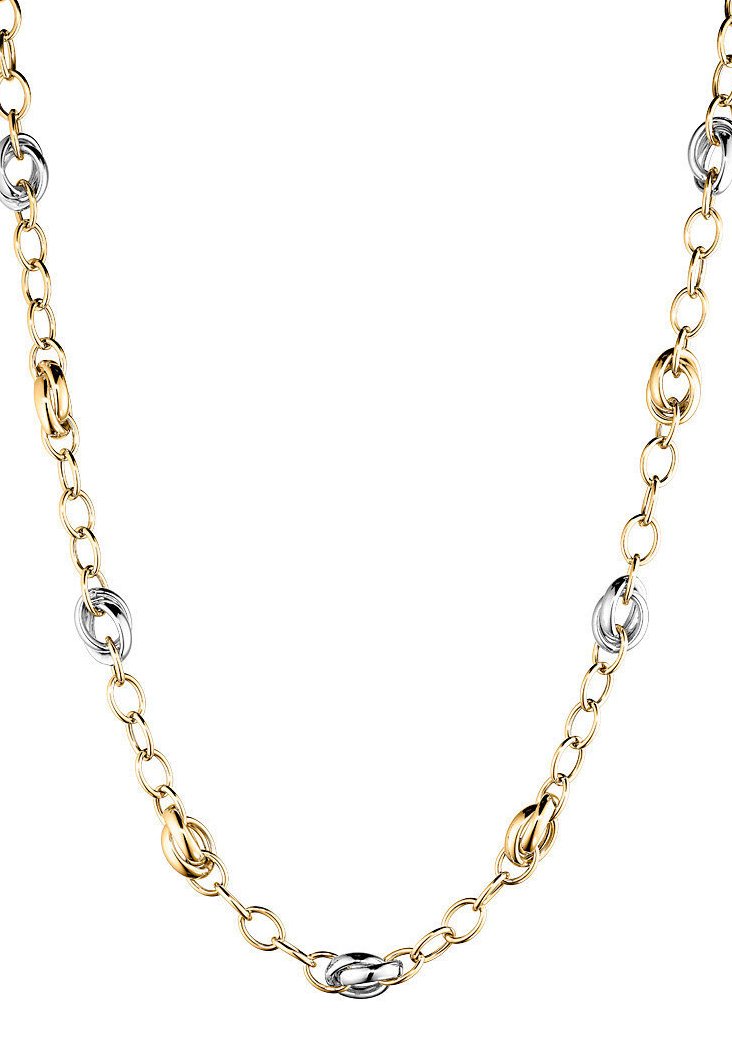 Chain necklace featuring alternating gold and silver circular links, varying in size, with a smooth metallic finish and a classic design.