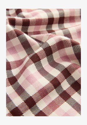 Kokvilnas audums ar rūtainu rakstu purpursarkanās, rozā un krēma toņos, ar teksturētām līnijām un kontrastējošiem tumšajiem akcentiem.