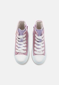 Pink and purple glitter high-top sneakers with white laces, a white rubber toe cap, and a zip closure at the back.