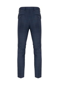 Granatowe spodnie w kratę o slim fit, z dwoma tylnymi kieszeniami i gładką fakturą. Zaprojektowane z subtelnymi akcentami wzoru.