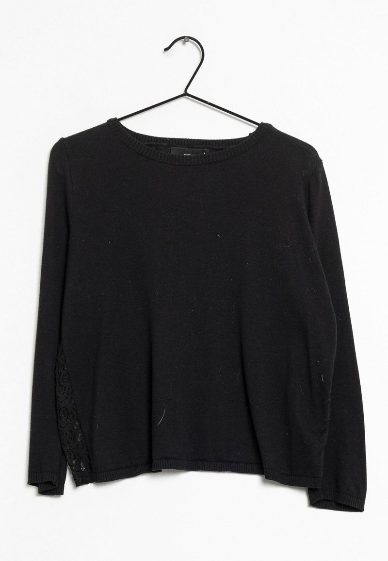 Maglione nero a maniche lunghe con scollatura rotonda, dotato di un'accattivante applicazione in pizzo sul lato sinistro, realizzato in un morbido materiale testurizzato.