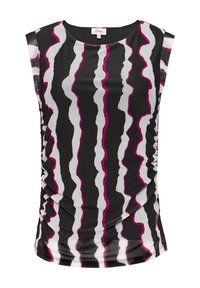 Zwarte top met een golvend patroon in wit en fel fuchsia, met korte mouwen en geplooide details langs de zijkanten.