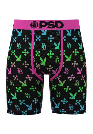 Černé boxerky s neonově zelenými, modrými a růžovými vzory Playboys zajíce a "PB" a jasně růžovým pasem s nápisem "PSD."