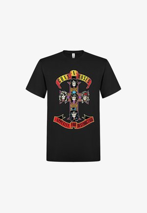 Černé tričko s barevným křížem se čtyřmi lebkami v kloboucích a s vlasy, s nápisy "Guns N' Roses" a "Appetite for Destruction".