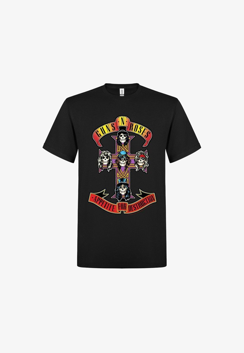 Musta T-paita, jossa on värikäs risti, jossa on neljä kalloa hattuja ja hiuksia päässään, sekä tekstibannerit "Guns N' Roses" ja "Appetite for Destruction".