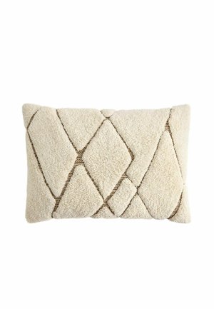 Rektangulær beige pude med et tekstureret, tuftet diamantmønster og en blød, fluffy overflade.