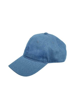 Blue denim baseball cap with a curved brim, textured fabric, embroidered logo on the front, and ventilation eyelets on the sides.