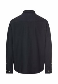 Navy blue long-sleeve shirt featuring a button-down collar, full back, and single cuffs with light-colored buttons. Smooth texture.