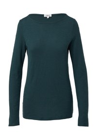 Long-sleeve teal top made of lightweight fabric, featuring a boat neckline and a textured surface with a subtle ribbed pattern.