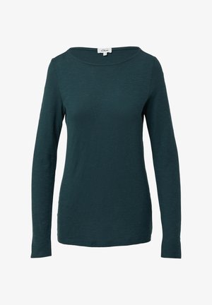 Langärmliges teal-farbenes Oberteil aus leichtem Stoff, mit einem Bootsausschnitt und einer strukturierten Oberfläche mit einem dezenten Rippmuster.