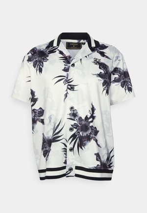 Weißes kurzärmliges Hemd mit Knöpfen, mit schwarz-weißem und grauem Blumenmuster, gestreiftem Kragen und Saum sowie gesticktem Logo auf der Brust.