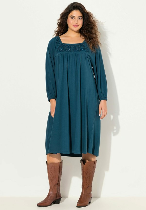 BEADED LONG SLEEVE PEASANT - Jerseykleid - dark teal