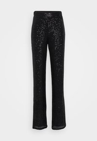 Czarne spódnie z cekinami z rozszerzanym nogawką, charakteryzujące się fakturowaną powierzchnią i równomiernie rozmieszczonymi błyszczącymi cekinami.