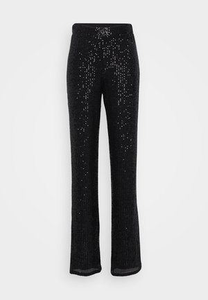 Pantalones de lentejuelas negras con un diseño de pierna acampanada, que presentan una superficie texturizada y lentejuelas brillantes distribuidas de manera uniforme por todo su acabado.