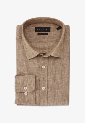 Light brown pure linen long-sleeve shirt with buttoned cuffs, classic collar, and brand labels "bugatti" and "pure linen" inside collar.