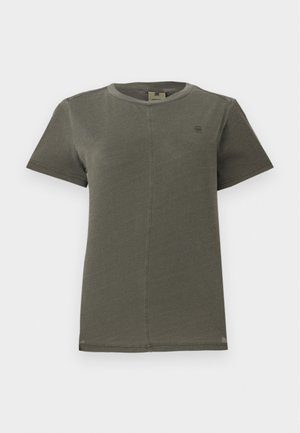 Olive green short-sleeve crew neck t-shirt with central seam detail and small logo on the left chest.