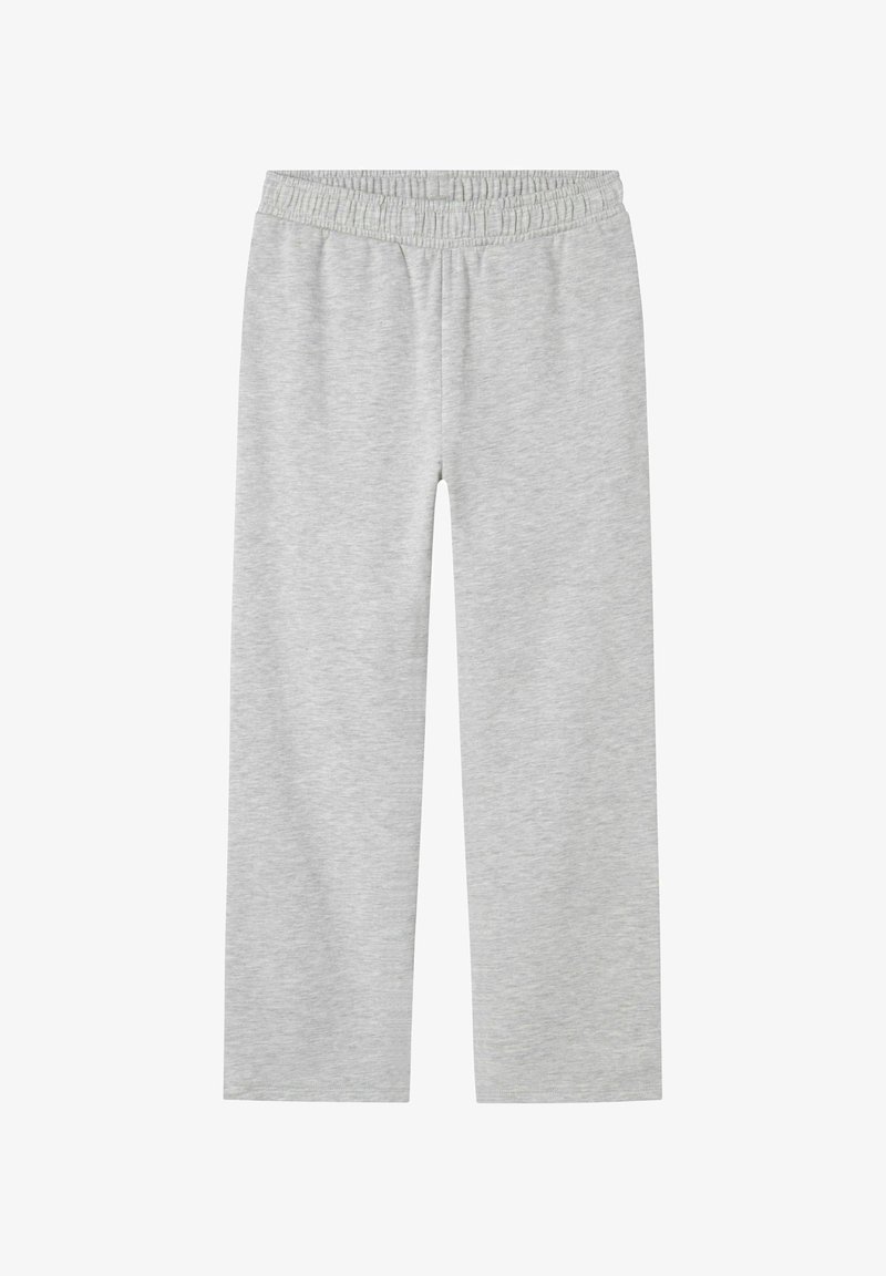 Jasnoszare spodnie dresowe z elastycznym pasem, prostym krojem nogawek i miękką fakturą. Brak widocznych wzorów lub akcentów.