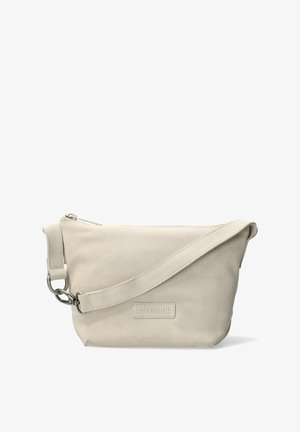 Borsa a tracolla in suede beige con tracolla regolabile, chiusura a zip e etichetta con logo. Finitura liscia, design minimalista e senza motivi visibili.