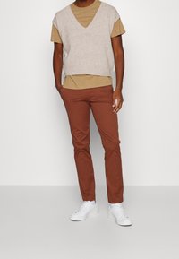 Beige knitted vest over a brown T-shirt, paired with slim-fit rust-colored chinos and white sneakers. Simple design with a V-neck shape.