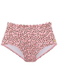 Bas de bikini à taille haute en tissu rose, présentant un motif léopard avec des accents marron et bleu clair ; design de taille à volants.