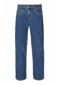 Banquillos de mezclilla de corte recto en color azul, con cierre de botón, diseño de cinco bolsillos y costuras en amarillo contrastante.