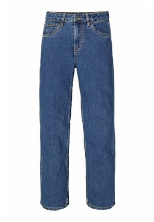Blaue gerade geschnittene Jeans aus Denim, mit einem Knopfverschluss, Fünf-Taschen-Design und kontrastierenden gelben Nähten.