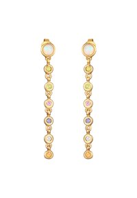 Guldtonade hängande örhängen med en opalöverdel, prydda med färgglada runda stenar: grön, rosa, blå och klar, arrangerade i en linjär design.