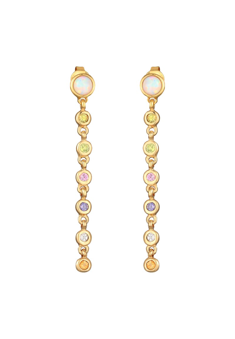 Guldtonade hängande örhängen med en opalöverdel, prydda med färgglada runda stenar: grön, rosa, blå och klar, arrangerade i en linjär design.