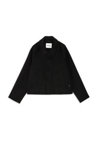 Čierna, skrátená bunda s golierom, raglánovými rukávmi a dvoma prednými vreckami; vyrobená z jemného materiálu s hladkou textúrou.