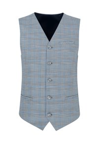 Jasnoniebieska i szaro-kraciasta kamizelka z dekoltem w szpic, pięcioma guzikami i jedną kieszenią na piersi. Posiada gładką podszewkę i ostre krawędzie.