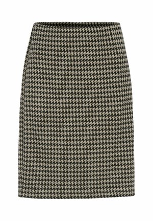 Jupe à motif pied-de-poule en noir et beige, présentant une coupe ajustée et une longueur mi-thigh, fabriquée dans un tissu texturé.