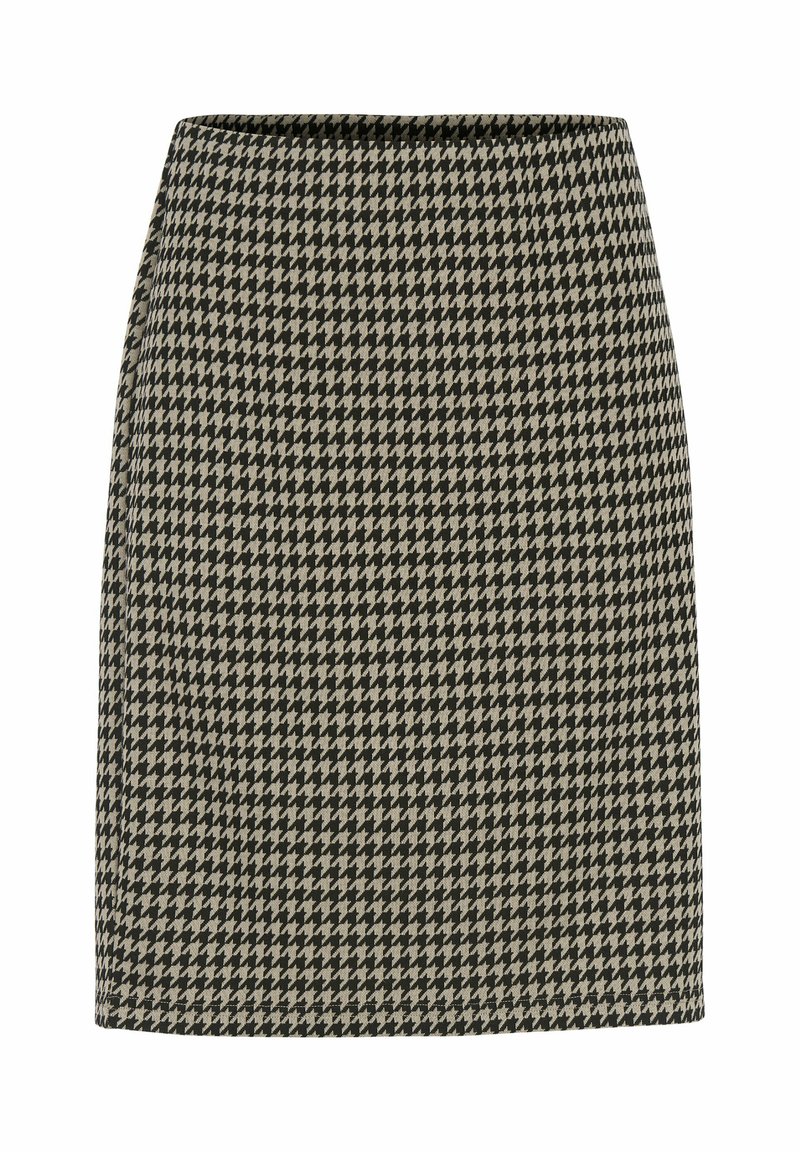 Houndstooth-kuvioinen hame mustassa ja beigeessä, jossa on tiukka muotoilu ja keskivartalon pituus, valmistettu teksturoidusta kankaasta.