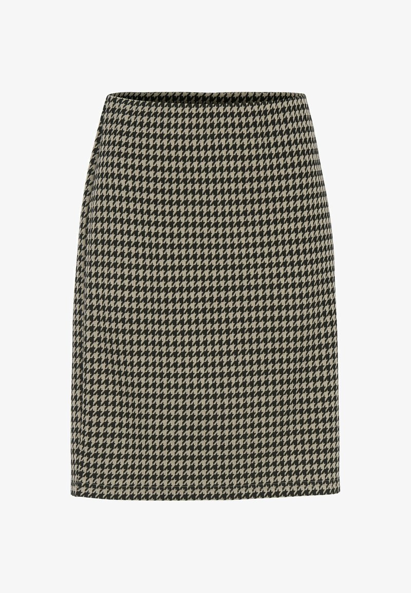 Ruitjesrok in zwart en beige met een houndstooth-patroon, uitgevoerd in een getailleerd ontwerp en een lengte tot halverwege de dij, gemaakt van een textuurstof.