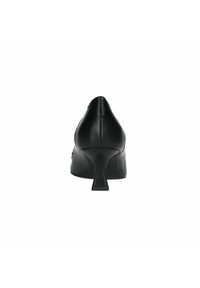 Black leather high-heeled shoe with a pointed toe, a slim heel, and a seamless design, showcasing smooth texture and clean lines.
