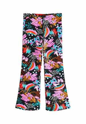 Farbige Schlaghosen mit schwarzem Hintergrund, die mit pinken und regenbogenfarbenen Designs, Kritzeleien und verschiedenen verspielten Mustern verziert sind. Hergestellt aus dehnbarem Stoff.